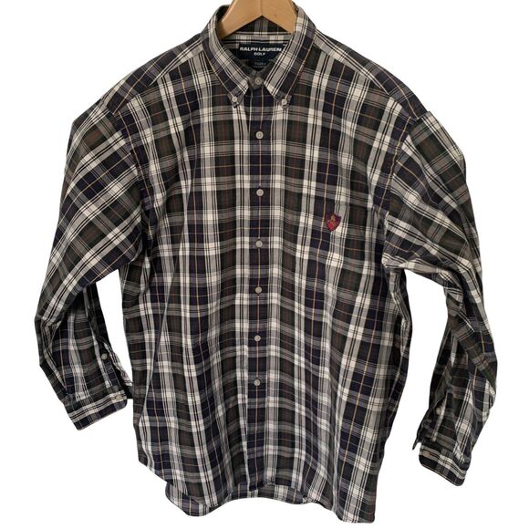 Ralph Lauren Golf Tilden Button Down Shirt Mens Large Blue Plaid Crest Vintage - Picture 2 of 5